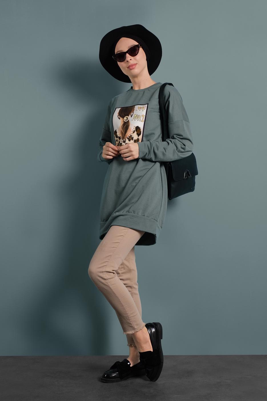 Tesettür giyim YEŞİL BASKILI EŞOFMAN TUNİK 167