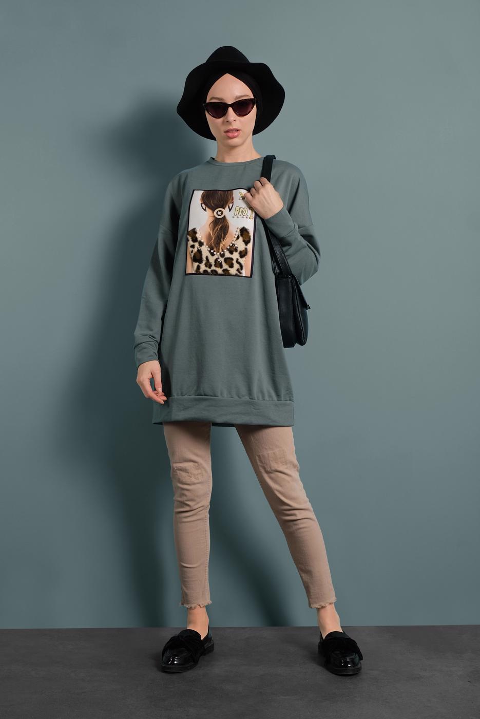 Tesettür giyim YEŞİL BASKILI EŞOFMAN TUNİK 167