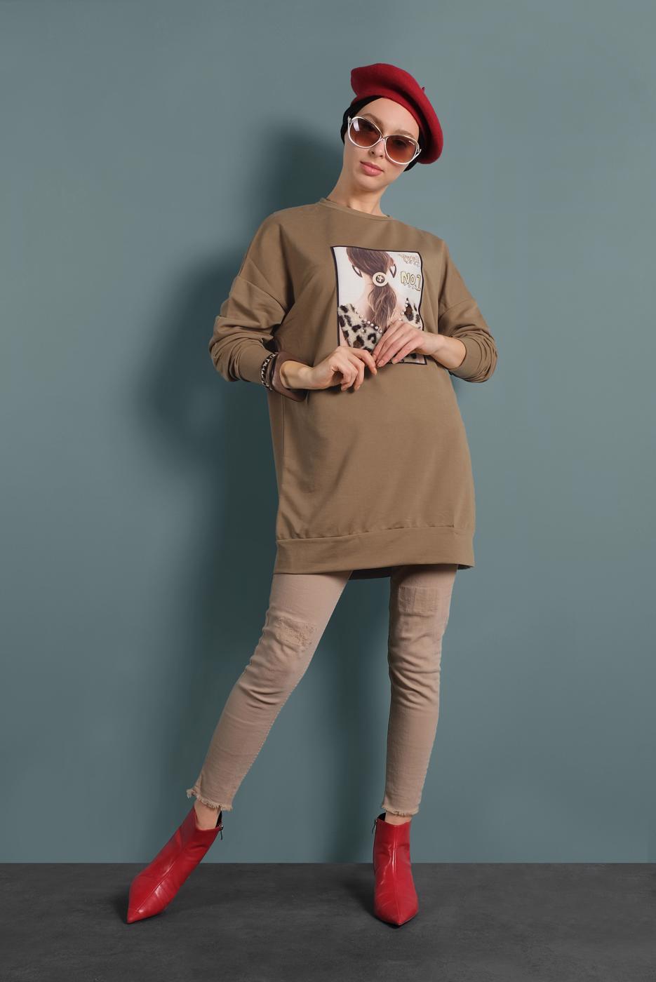 Tesettür giyim KAHVE BASKILI EŞOFMAN TUNİK 167