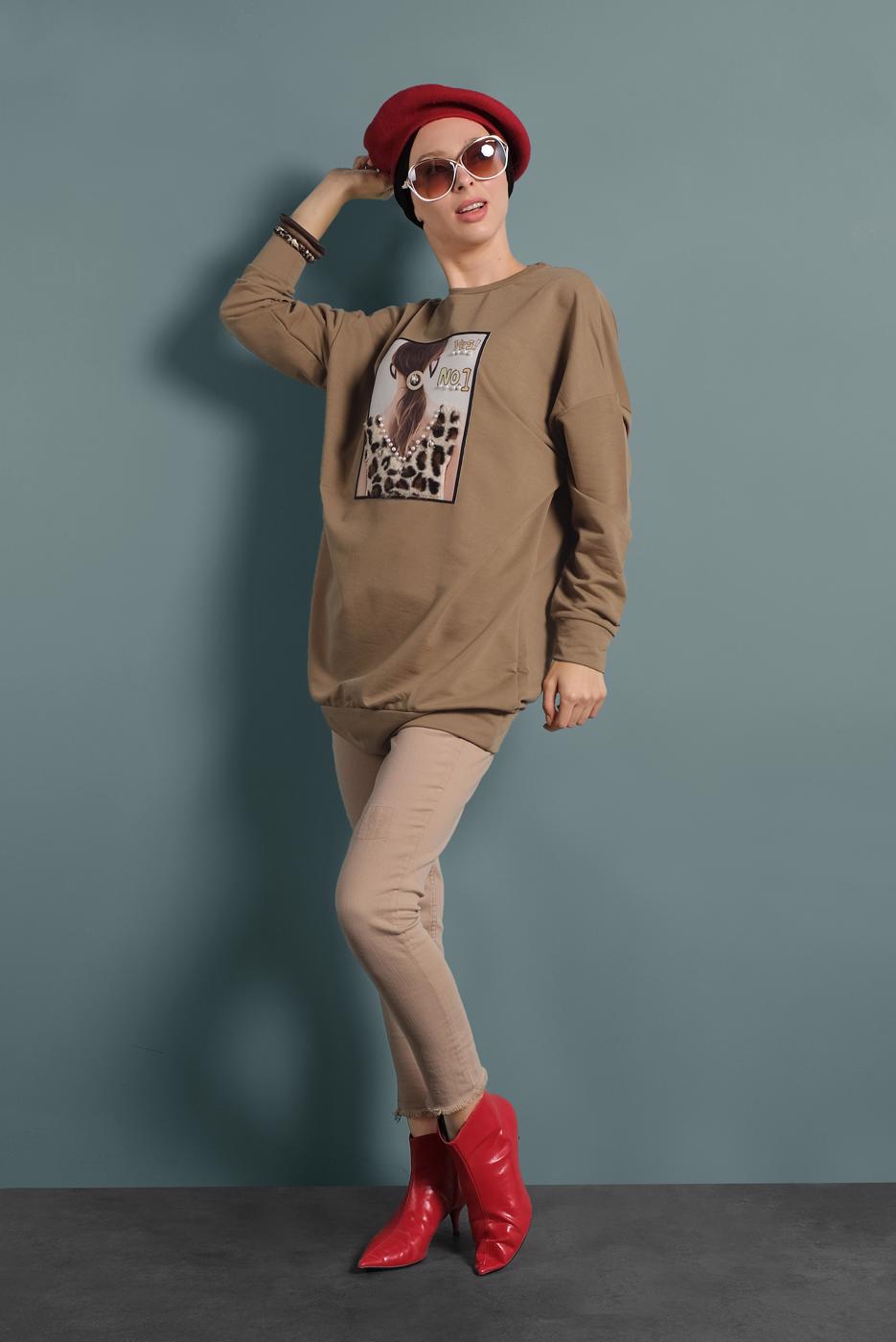 Tesettür giyim KAHVE BASKILI EŞOFMAN TUNİK 167