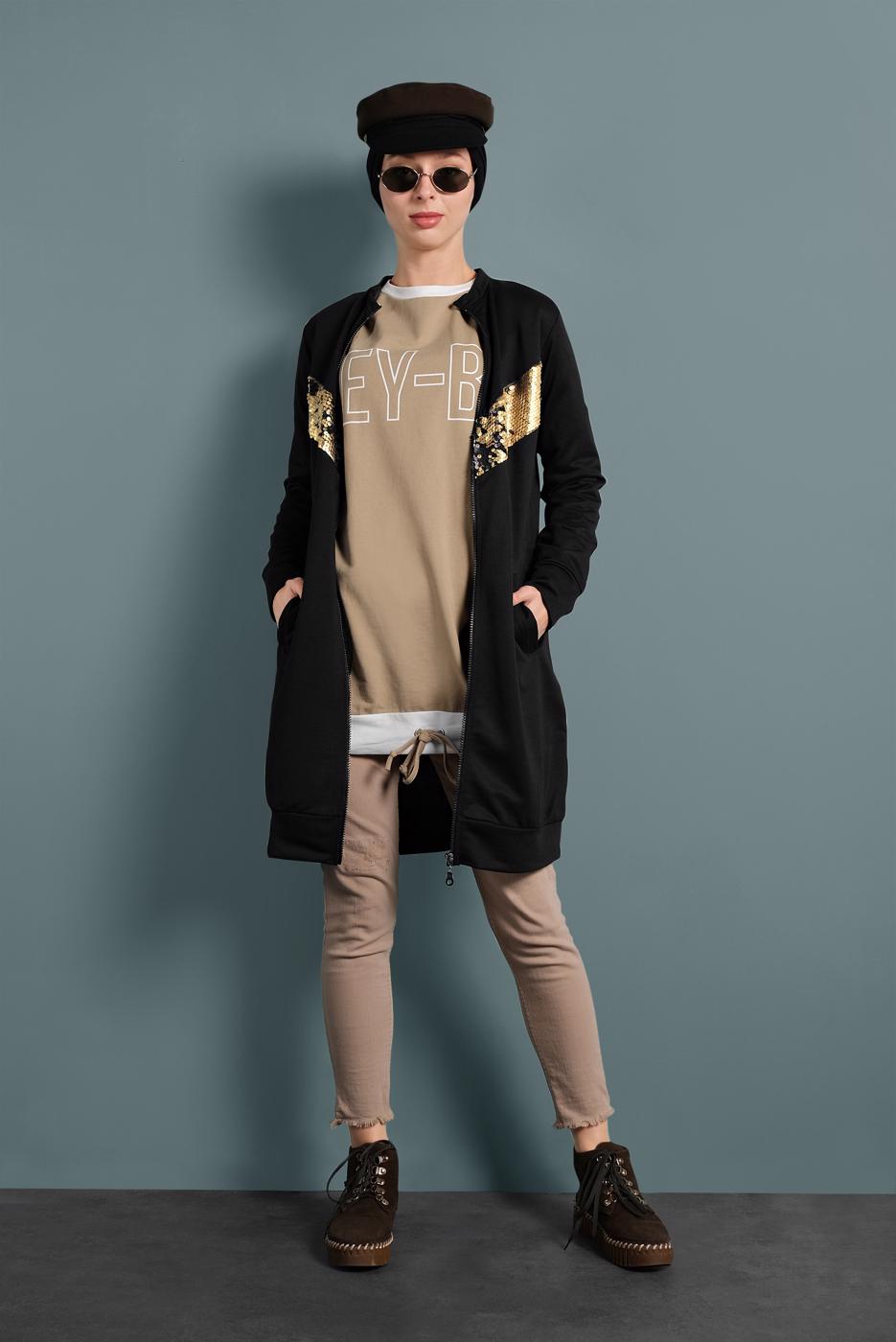 Tesettür giyim BEJ YAZI DETAYLI RENKLİ TUNİK 237