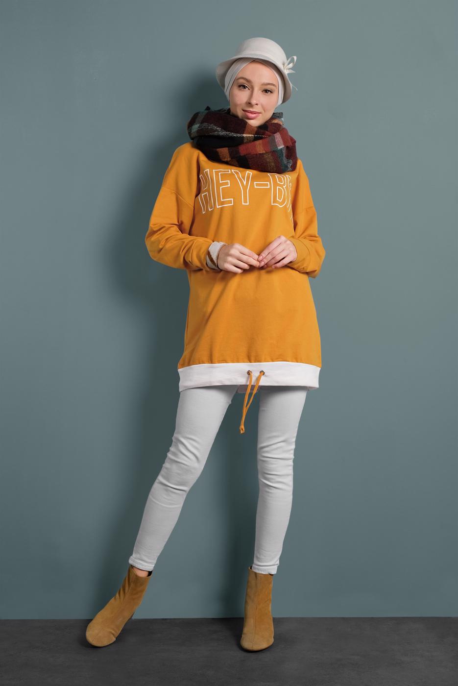 Tesettür giyim TURUNCU YAZI DETAYLI RENKLİ TUNİK 237