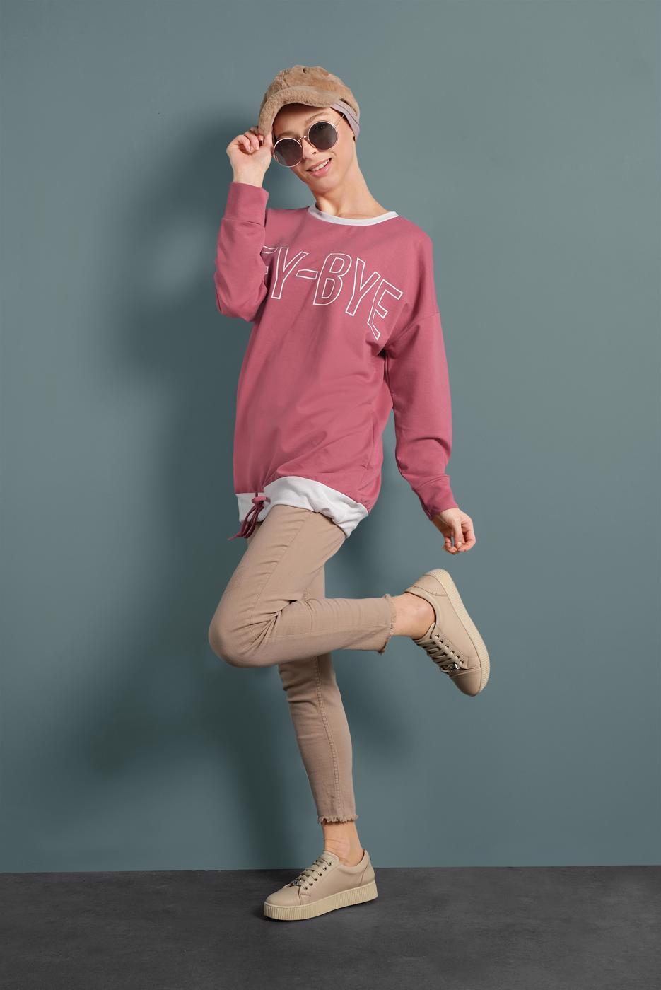 Tesettür giyim PEMBE YAZI DETAYLI RENKLİ TUNİK 237