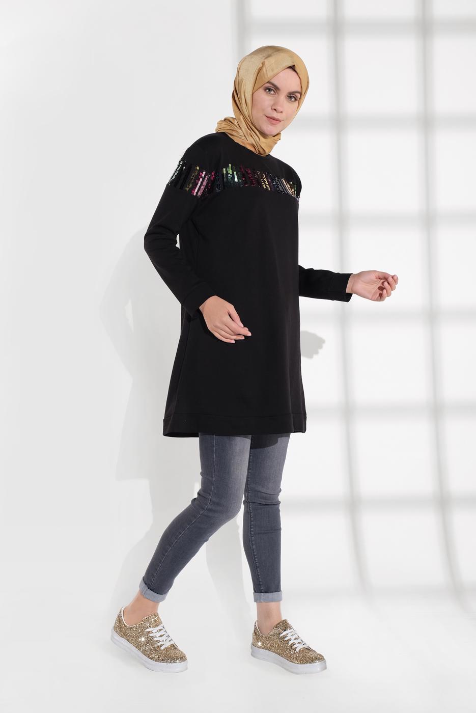Tesettür giyim SİYAH PAMUKLU PUL DETAYLI EŞOFMAN TUNİK 0302