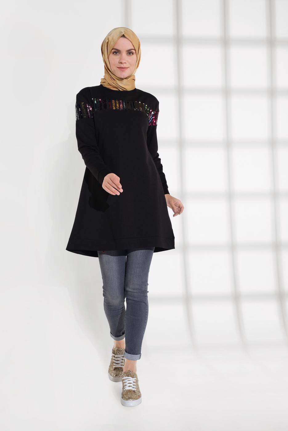 Tesettür giyim SİYAH PAMUKLU PUL DETAYLI EŞOFMAN TUNİK 0302