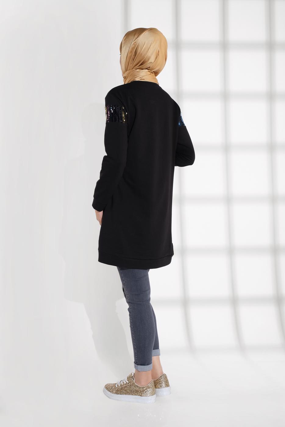 Tesettür giyim SİYAH PAMUKLU PUL DETAYLI EŞOFMAN TUNİK 0302