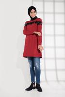 Tesettür giyim KIRMIZI PAMUKLU PUL DETAYLI EŞOFMAN TUNİK 0302