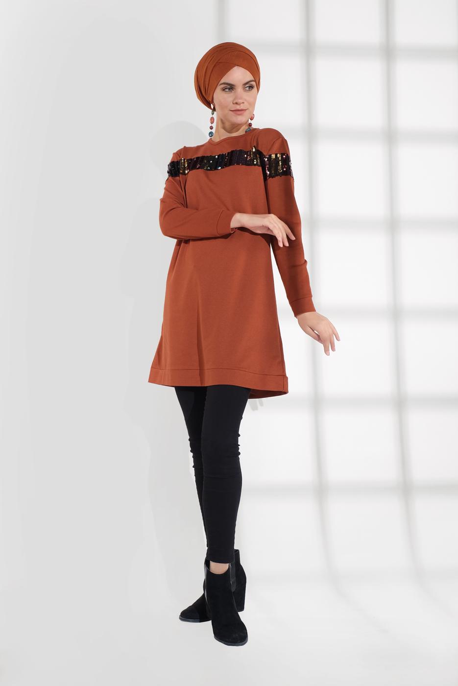 Tesettür giyim TABA PAMUKLU PUL DETAYLI EŞOFMAN TUNİK 0302