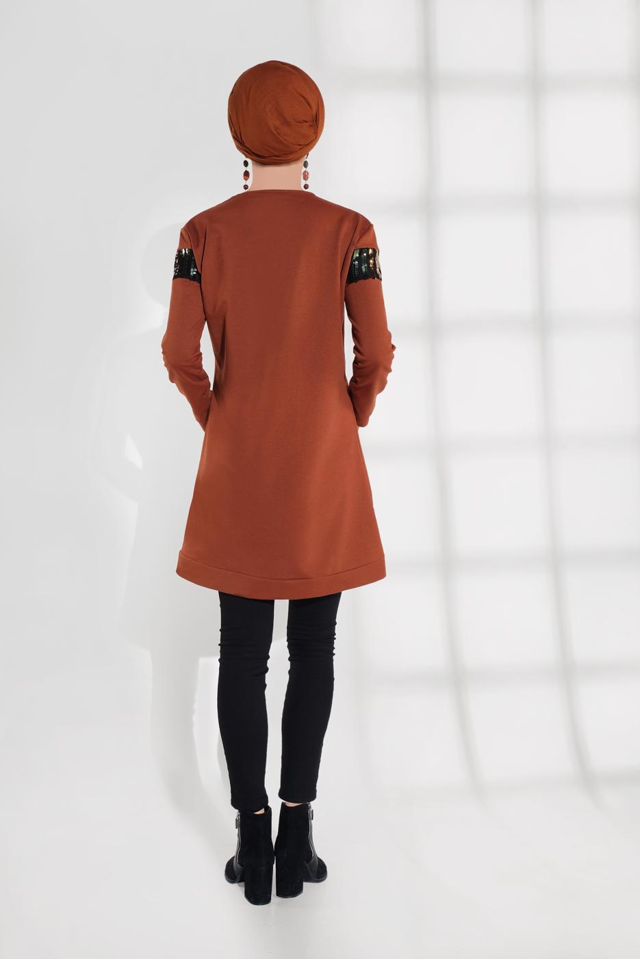 Tesettür giyim TABA PAMUKLU PUL DETAYLI EŞOFMAN TUNİK 0302