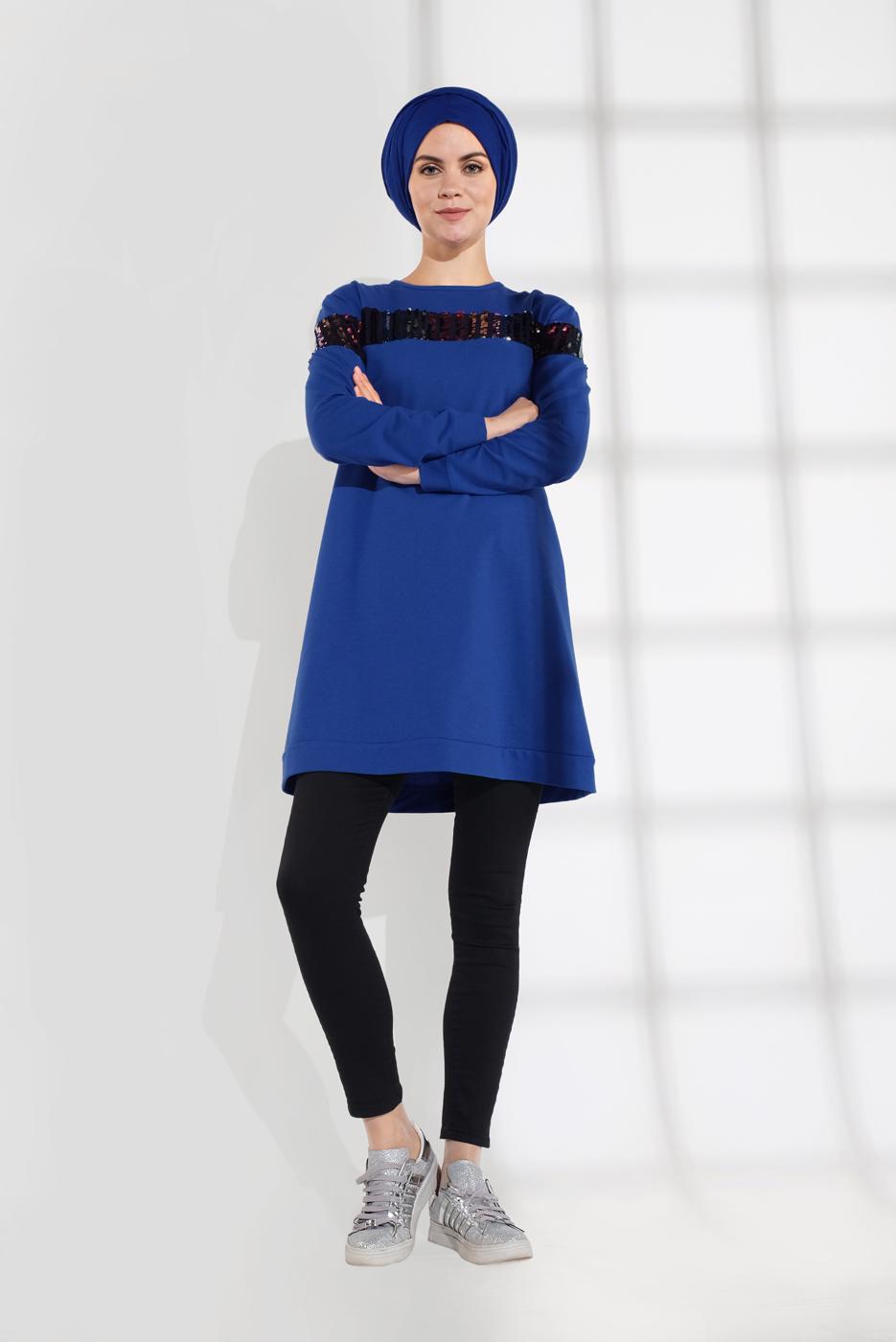 Tesettür giyim LACİVERT PAMUKLU PUL DETAYLI EŞOFMAN TUNİK 0302