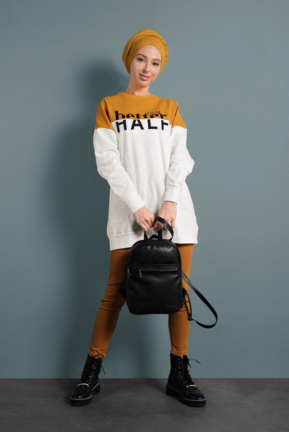 Tesettür giyim TURUNCU ÇİFT RENKLİ YAZI DETAYLI TUNİK 537