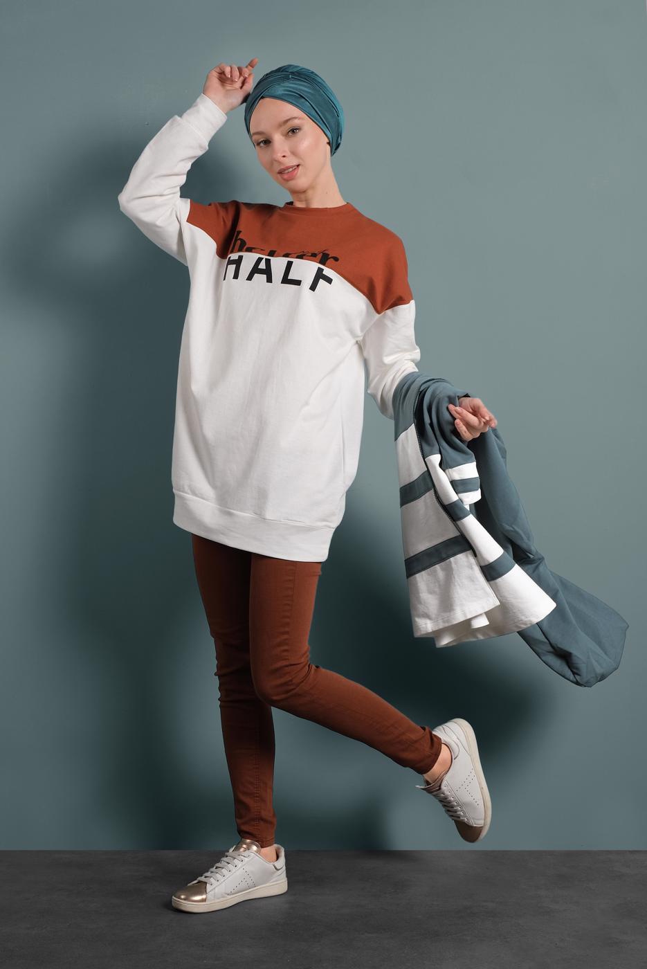 Tesettür giyim KAHVE ÇİFT RENKLİ YAZI DETAYLI TUNİK 537