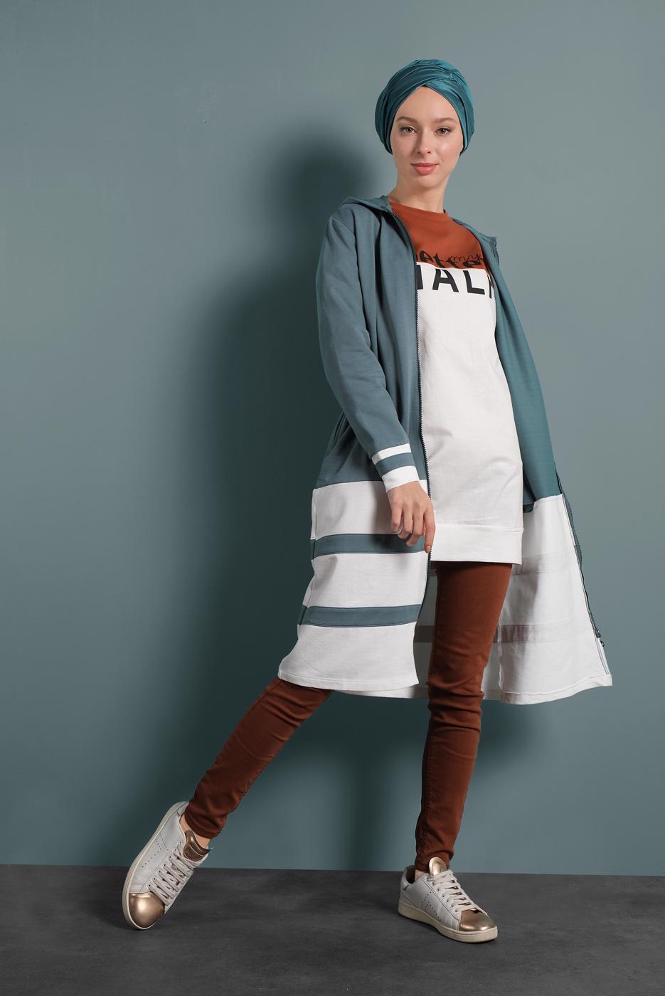 Tesettür giyim KAHVE ÇİFT RENKLİ YAZI DETAYLI TUNİK 537