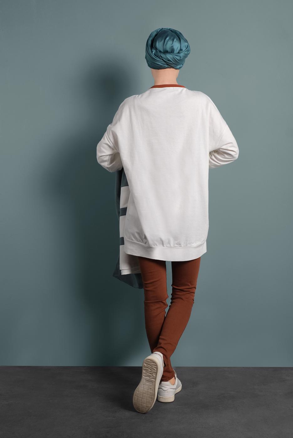 Tesettür giyim KAHVE ÇİFT RENKLİ YAZI DETAYLI TUNİK 537