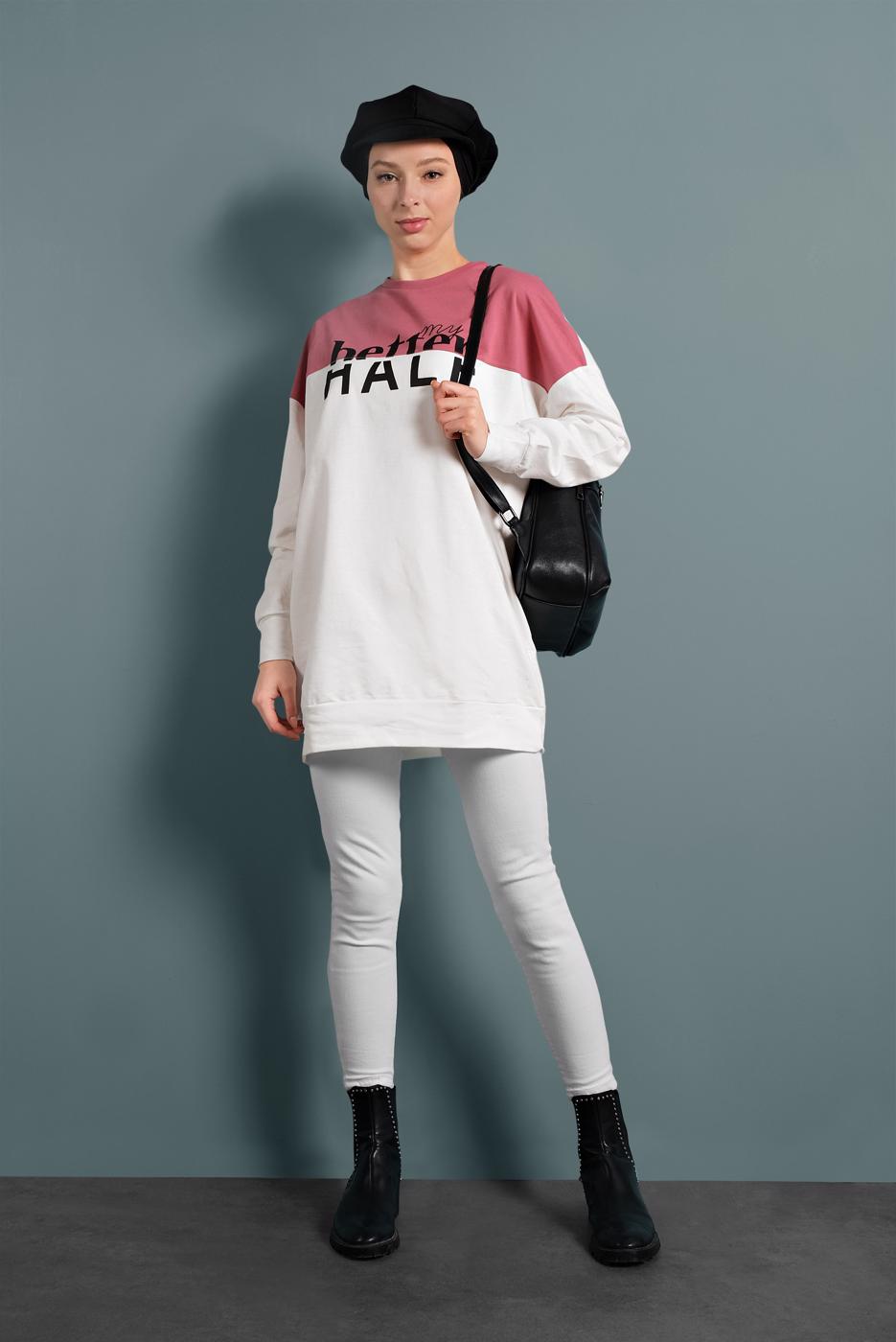 Tesettür giyim PEMBE ÇİFT RENKLİ YAZI DETAYLI TUNİK 537