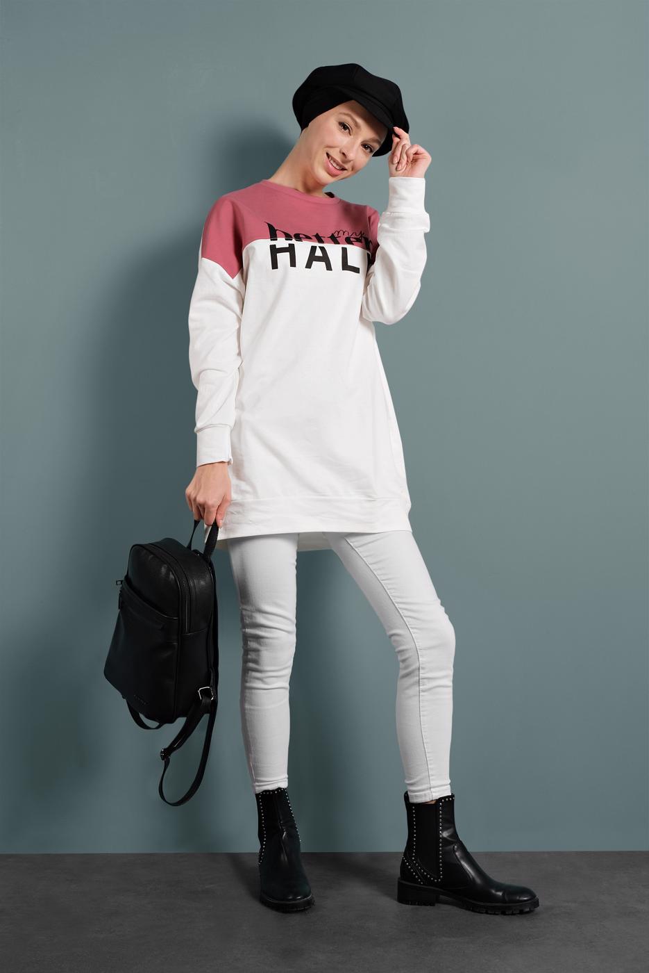 Tesettür giyim PEMBE ÇİFT RENKLİ YAZI DETAYLI TUNİK 537