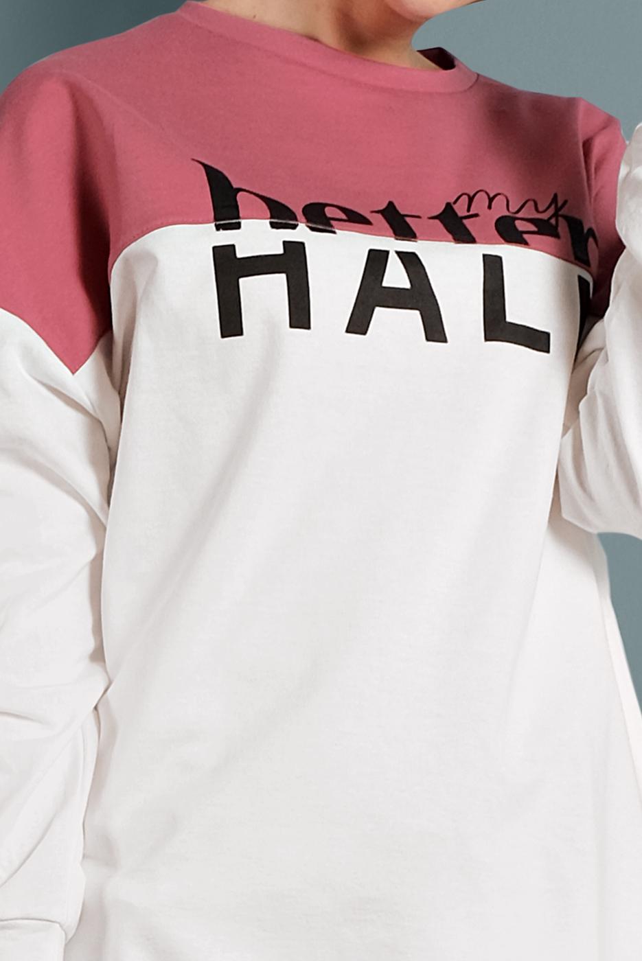 Tesettür giyim PEMBE ÇİFT RENKLİ YAZI DETAYLI TUNİK 537