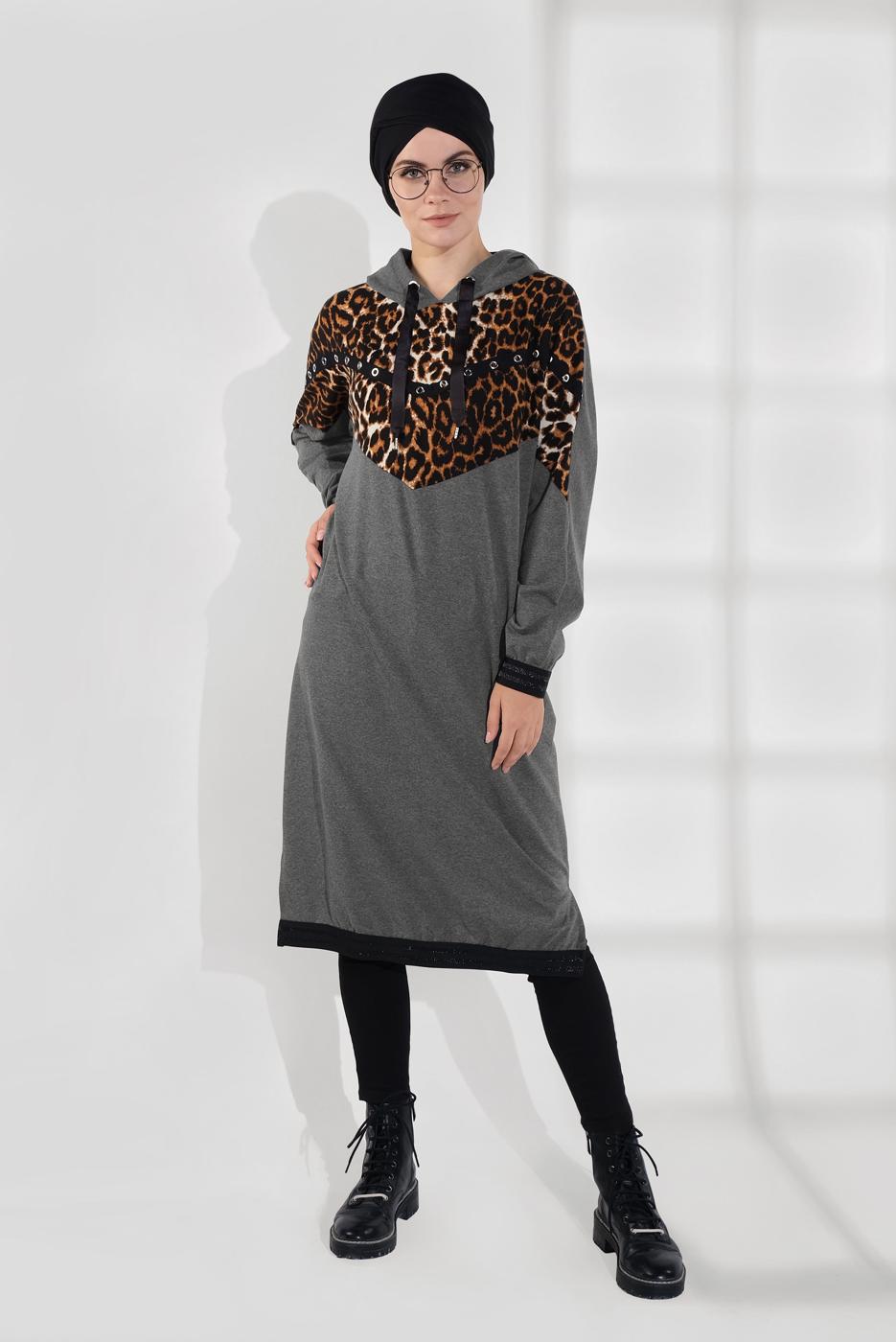 Vêtements hijab GRIS SURVÊTEMENT À IMPRIMÉ AVEC CAPUCHE 635