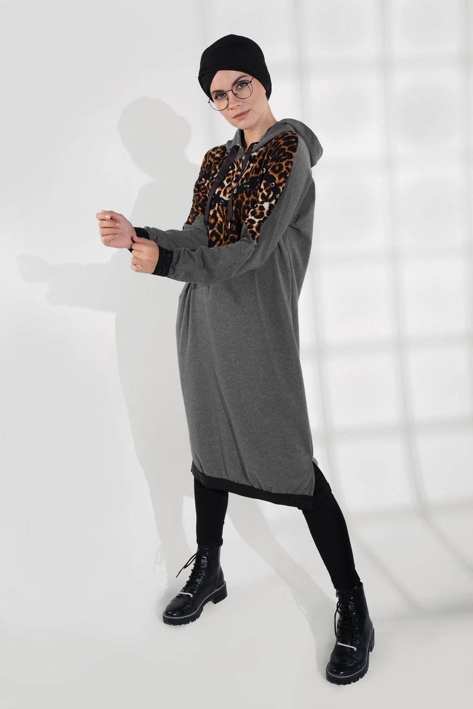 Vêtements hijab GRIS SURVÊTEMENT À IMPRIMÉ AVEC CAPUCHE 635