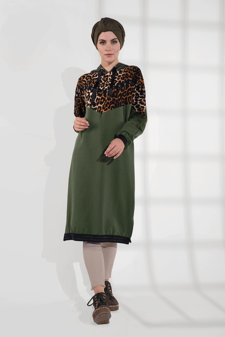 Vêtements hijab KAKI SURVÊTEMENT À IMPRIMÉ AVEC CAPUCHE 635 