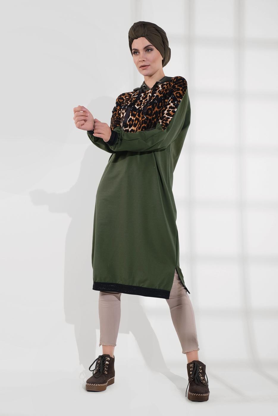 Vêtements hijab KAKI SURVÊTEMENT À IMPRIMÉ AVEC CAPUCHE 635 