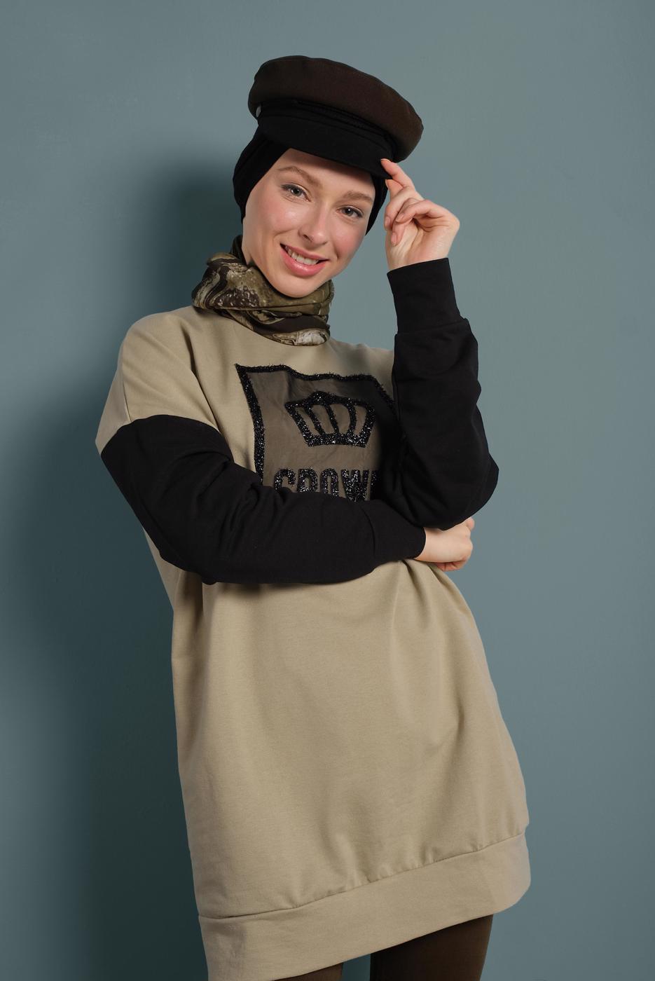 Tesettür giyim BEJ TAŞLI EŞOFMAN TUNİK 647