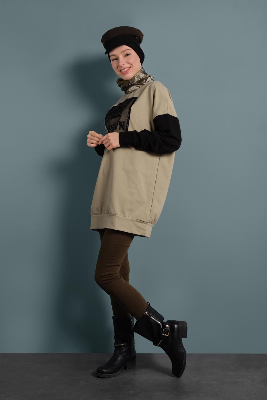 Tesettür giyim BEJ TAŞLI EŞOFMAN TUNİK 647