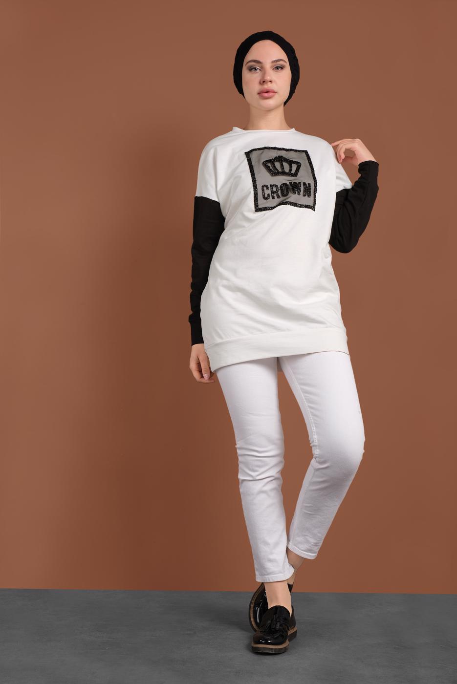 Tesettür giyim EKRU TAŞLI EŞOFMAN TUNİK 647