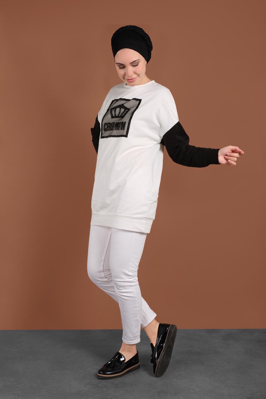 Tesettür giyim EKRU TAŞLI EŞOFMAN TUNİK 647