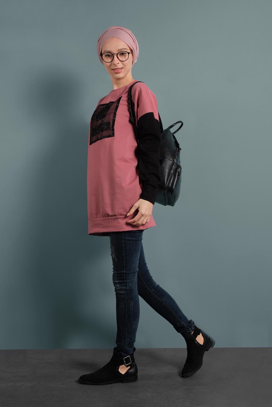 Tesettür giyim PEMBE TAŞLI EŞOFMAN TUNİK 647