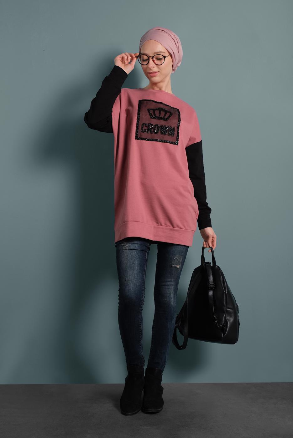 Tesettür giyim PEMBE TAŞLI EŞOFMAN TUNİK 647