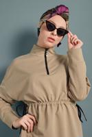 Tesettür giyim BEJ BELİ BÜZGÜLÜ TUNİK 937