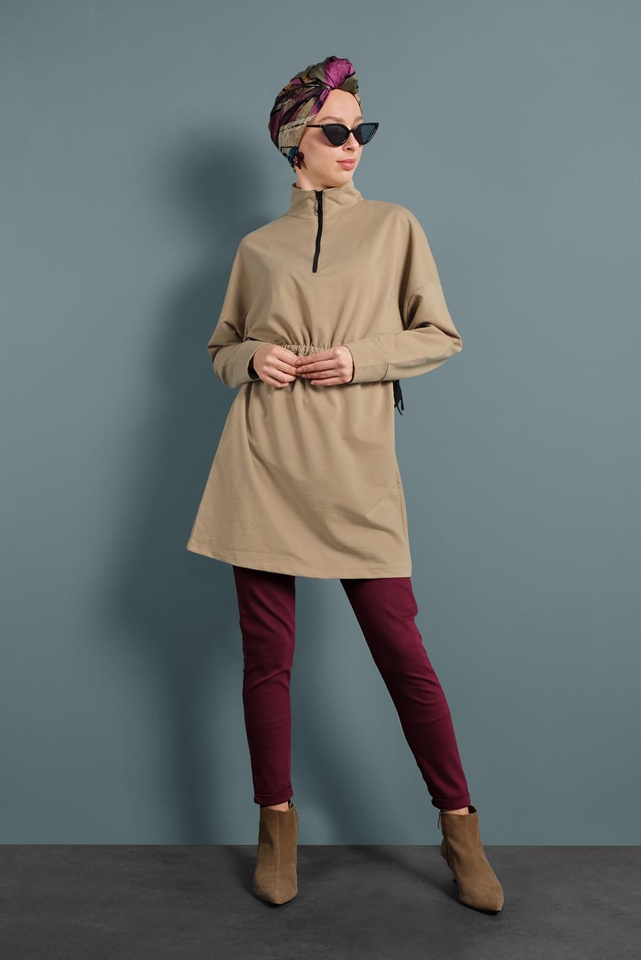 Tesettür giyim BEJ BELİ BÜZGÜLÜ TUNİK 937