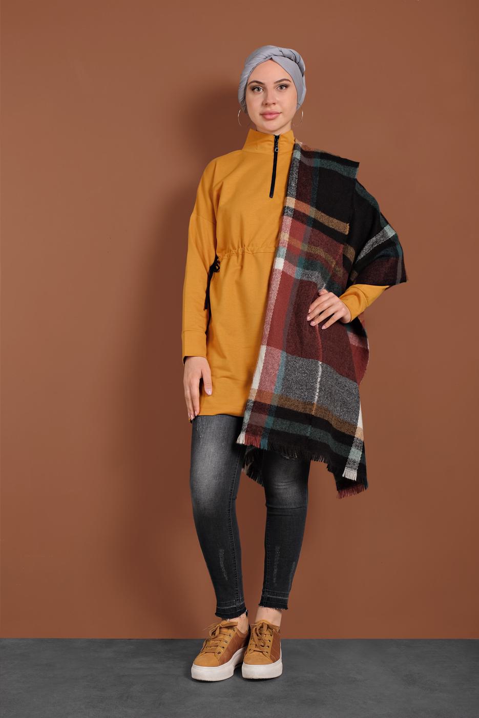 Tesettür giyim TURUNCU BELİ BÜZGÜLÜ TUNİK 937