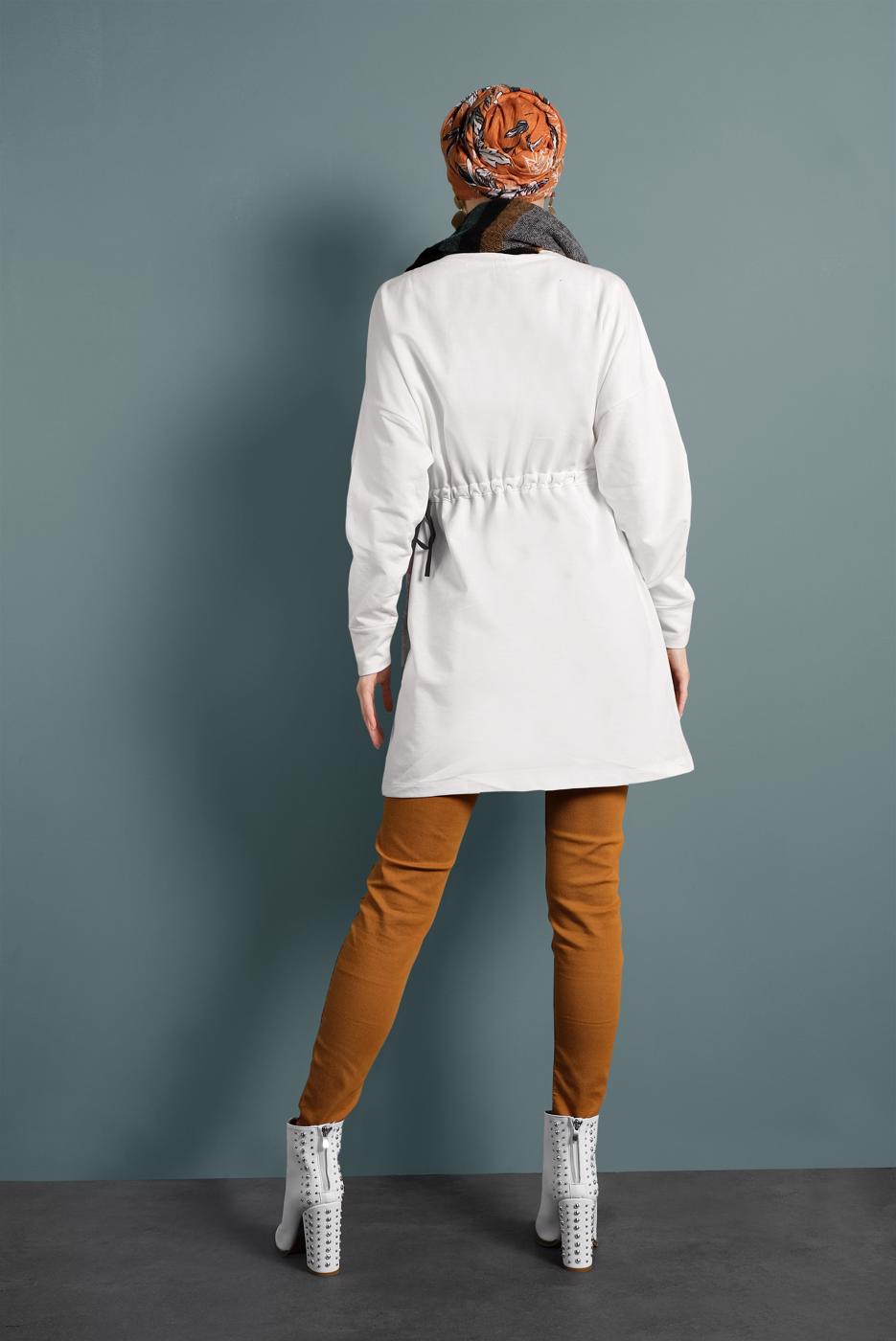 Tesettür giyim EKRU BELİ BÜZGÜLÜ TUNİK 937