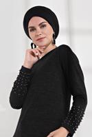Tesettür giyim SİYAH İNCİLİ ETEK UCU FİLE DETAYLI TRİKO TUNİK 1455