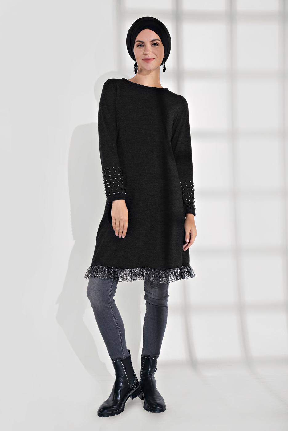 Tesettür giyim SİYAH İNCİLİ ETEK UCU FİLE DETAYLI TRİKO TUNİK 1455