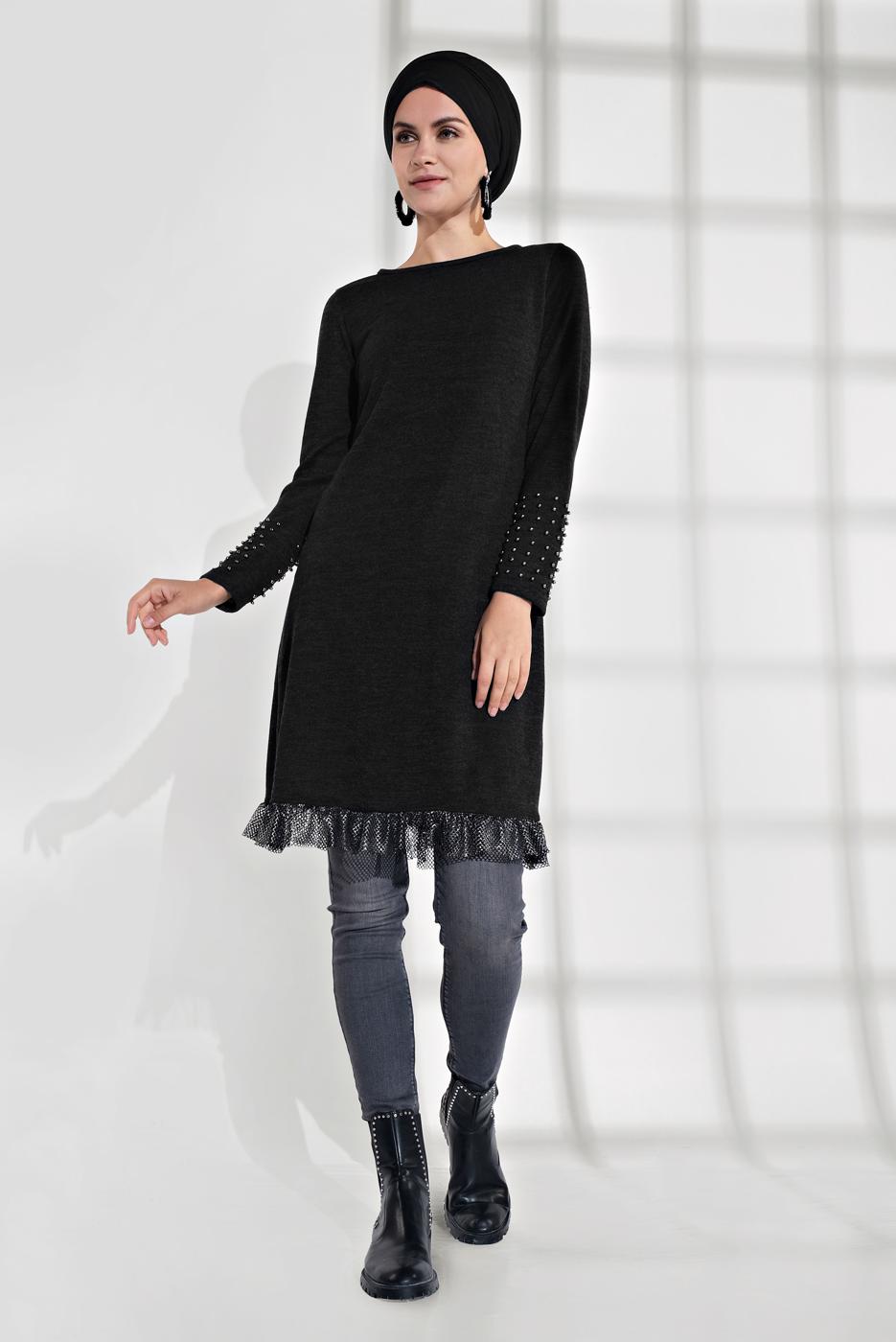 Tesettür giyim SİYAH İNCİLİ ETEK UCU FİLE DETAYLI TRİKO TUNİK 1455