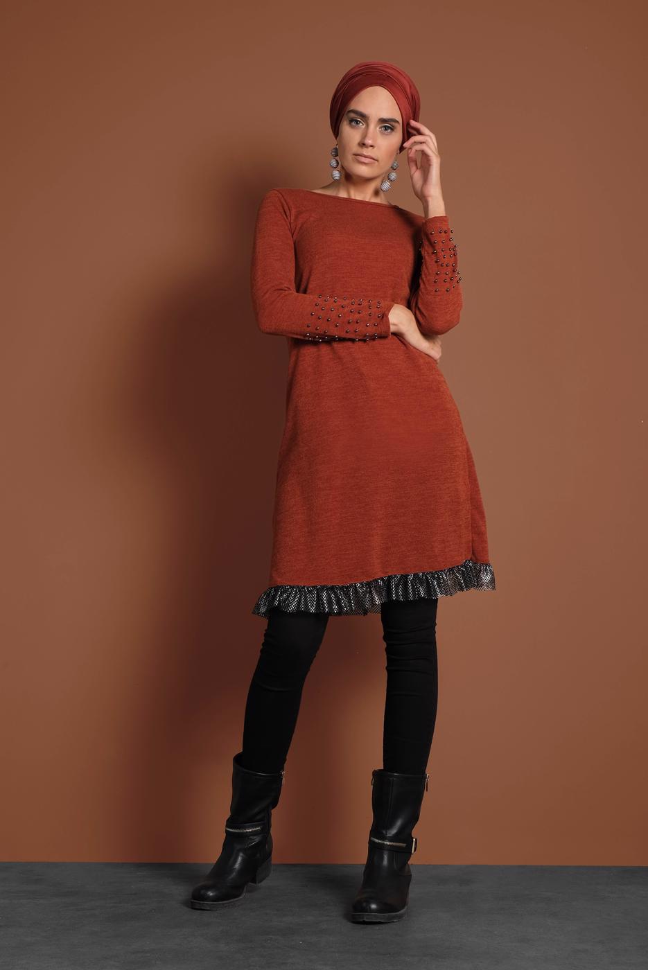 Tesettür giyim KAHVE  İNCİLİ ETEK UCU FİLE DETAYLI TRİKO TUNİK 1455