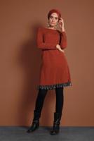 Tesettür giyim KAHVE  İNCİLİ ETEK UCU FİLE DETAYLI TRİKO TUNİK 1455