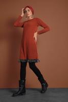 Tesettür giyim KAHVE  İNCİLİ ETEK UCU FİLE DETAYLI TRİKO TUNİK 1455