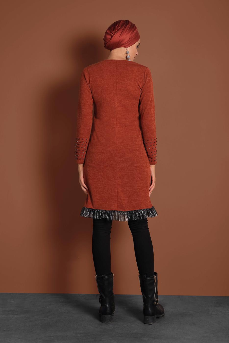 Tesettür giyim KAHVE  İNCİLİ ETEK UCU FİLE DETAYLI TRİKO TUNİK 1455