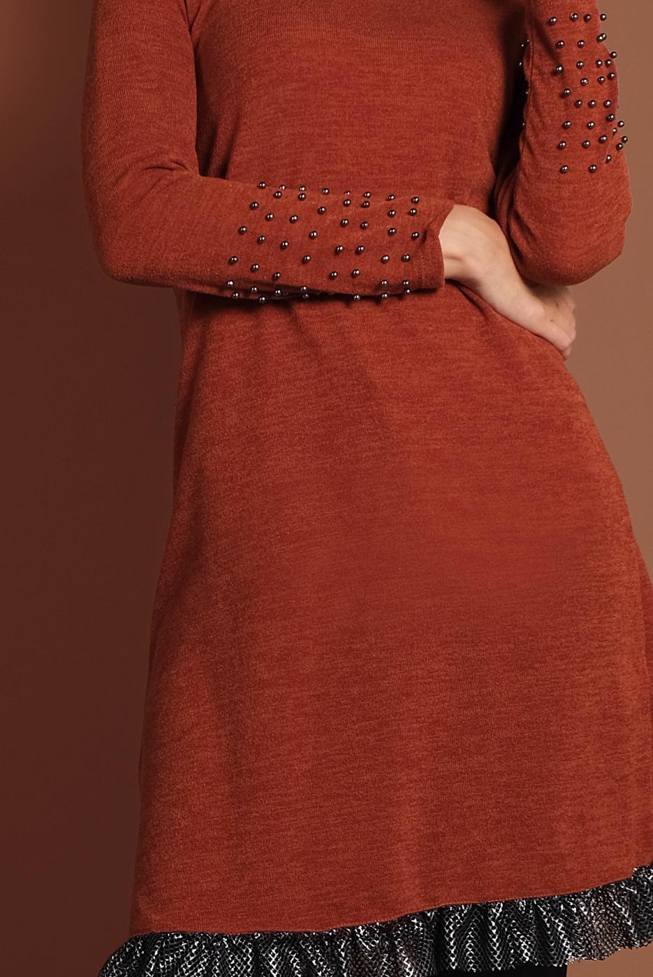 Tesettür giyim KAHVE  İNCİLİ ETEK UCU FİLE DETAYLI TRİKO TUNİK 1455