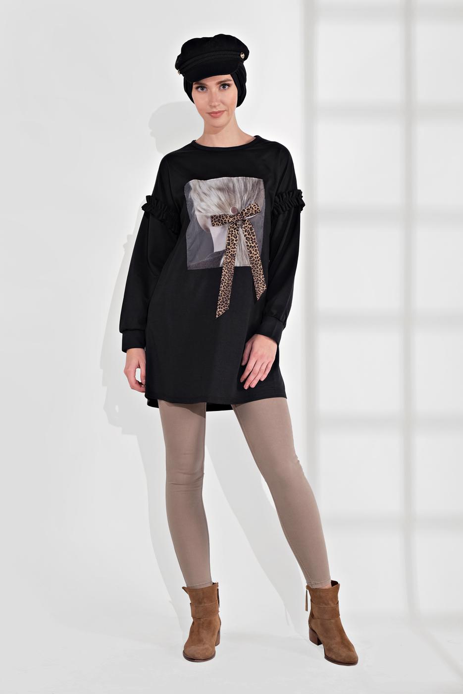 Tesettür giyim SİYAH ÜÇ BOYUTLU FİYONK DETAYLI PENYE TUNİK 1655 