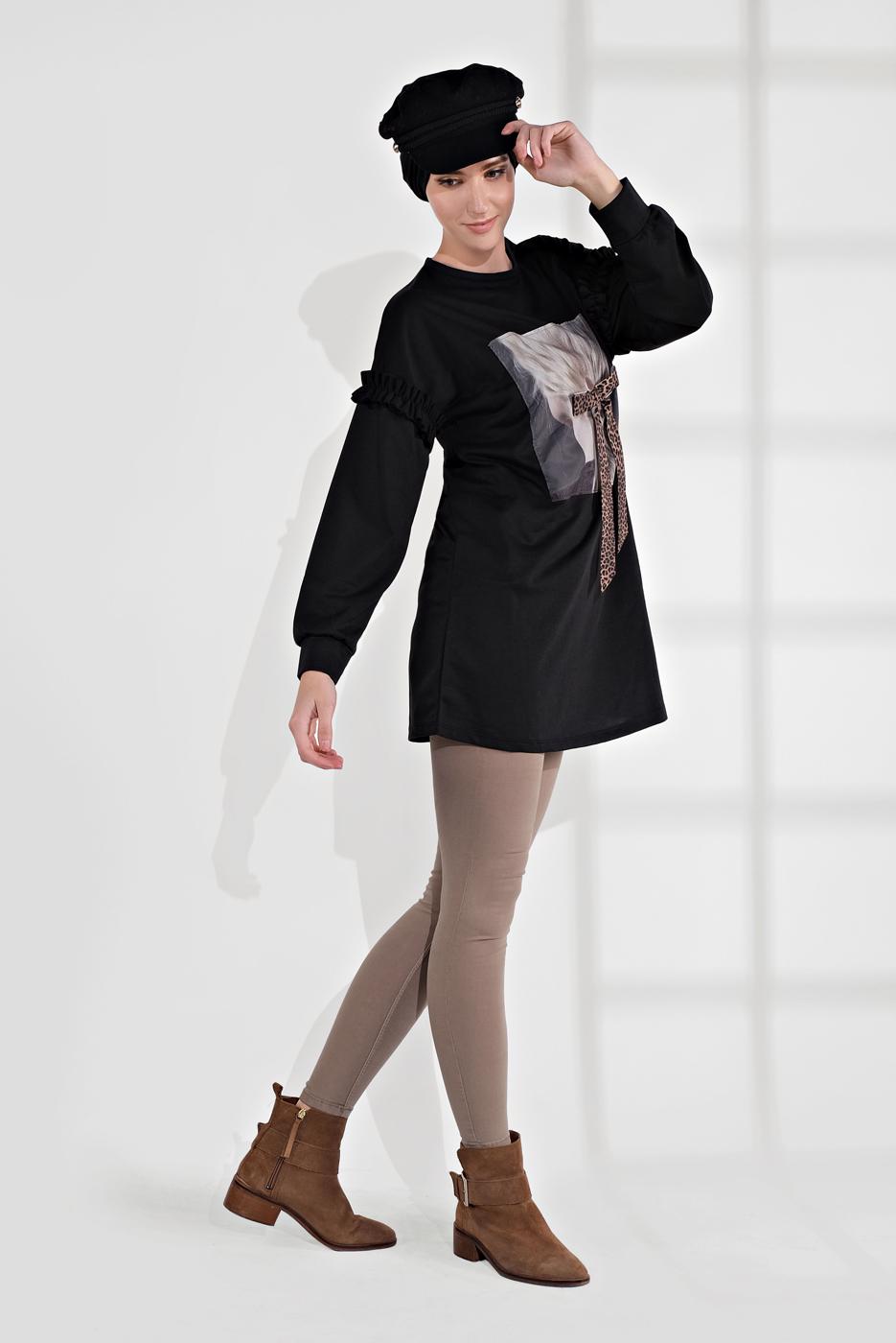 Tesettür giyim SİYAH ÜÇ BOYUTLU FİYONK DETAYLI PENYE TUNİK 1655 