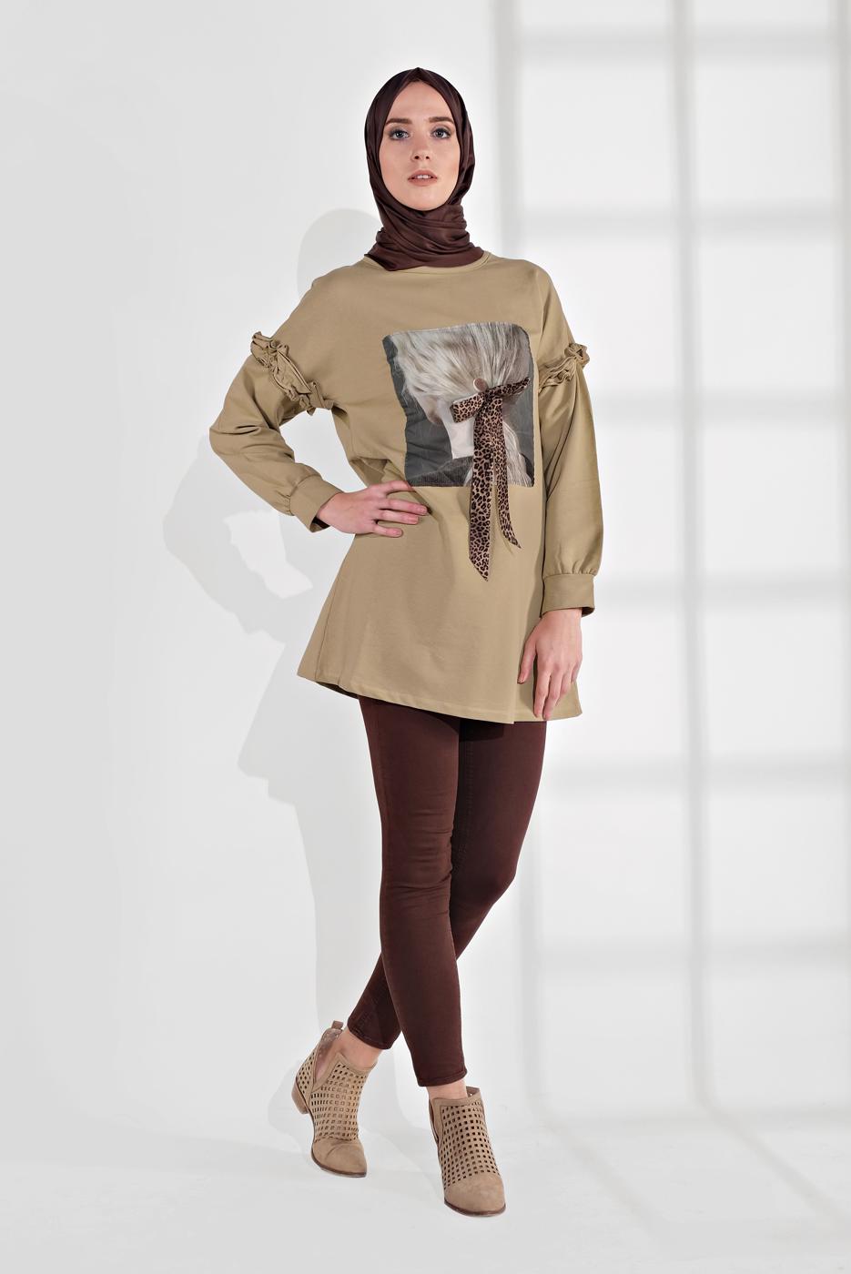 Tesettür giyim BEJ ÜÇ BOYUTLU FİYONK DETAYLI PENYE TUNİK 1655 