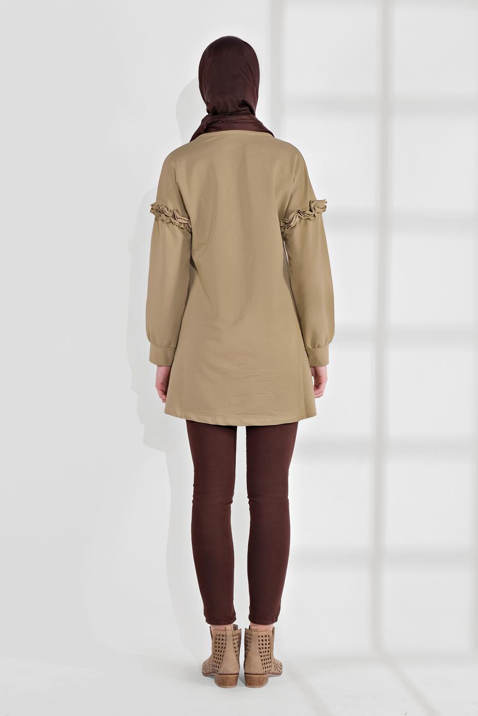 Tesettür giyim BEJ ÜÇ BOYUTLU FİYONK DETAYLI PENYE TUNİK 1655 