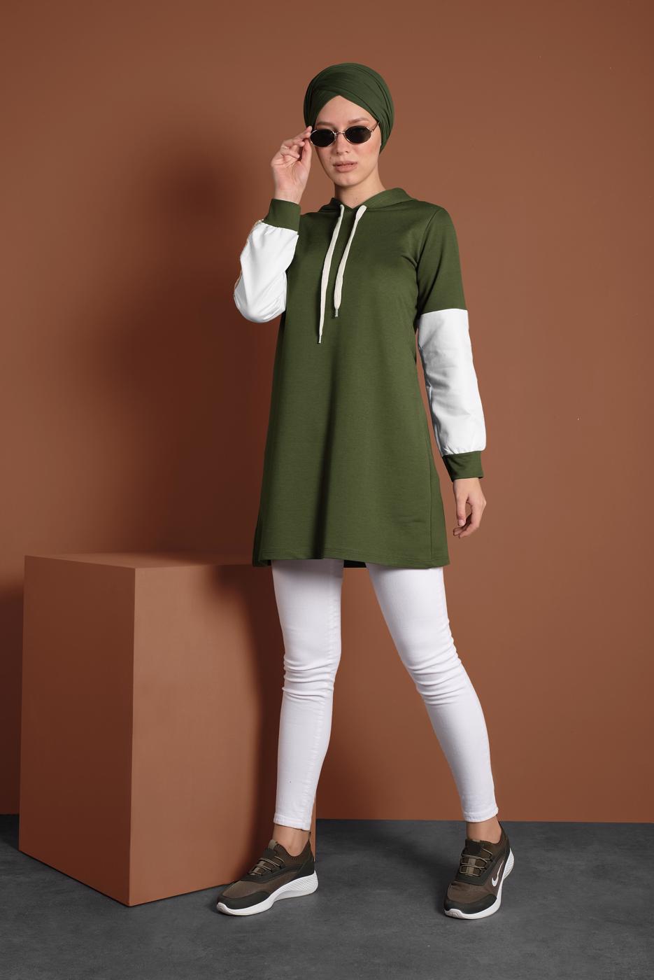 Tesettür giyim HAKİ KAPÜŞONLU NAKIŞ DETAYLI EŞOFMAN TUNİK 2655