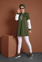 Tesettür giyim HAKİ KAPÜŞONLU NAKIŞ DETAYLI EŞOFMAN TUNİK 2655