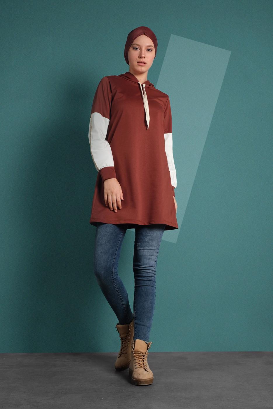 Vêtements hijab BRUN SURVÊTEMENT À BRODÉ AVEC CAPUCHE 2655 